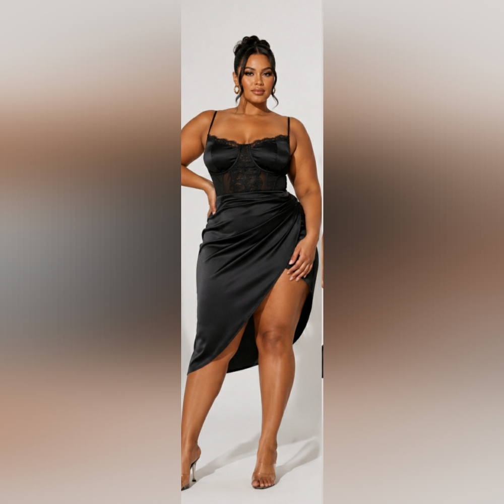 PrettyLittleThing NWT 26 Plus Size Black Satin Lace Bustier Sexy Slit Midi Dress - Picture 3 of 13